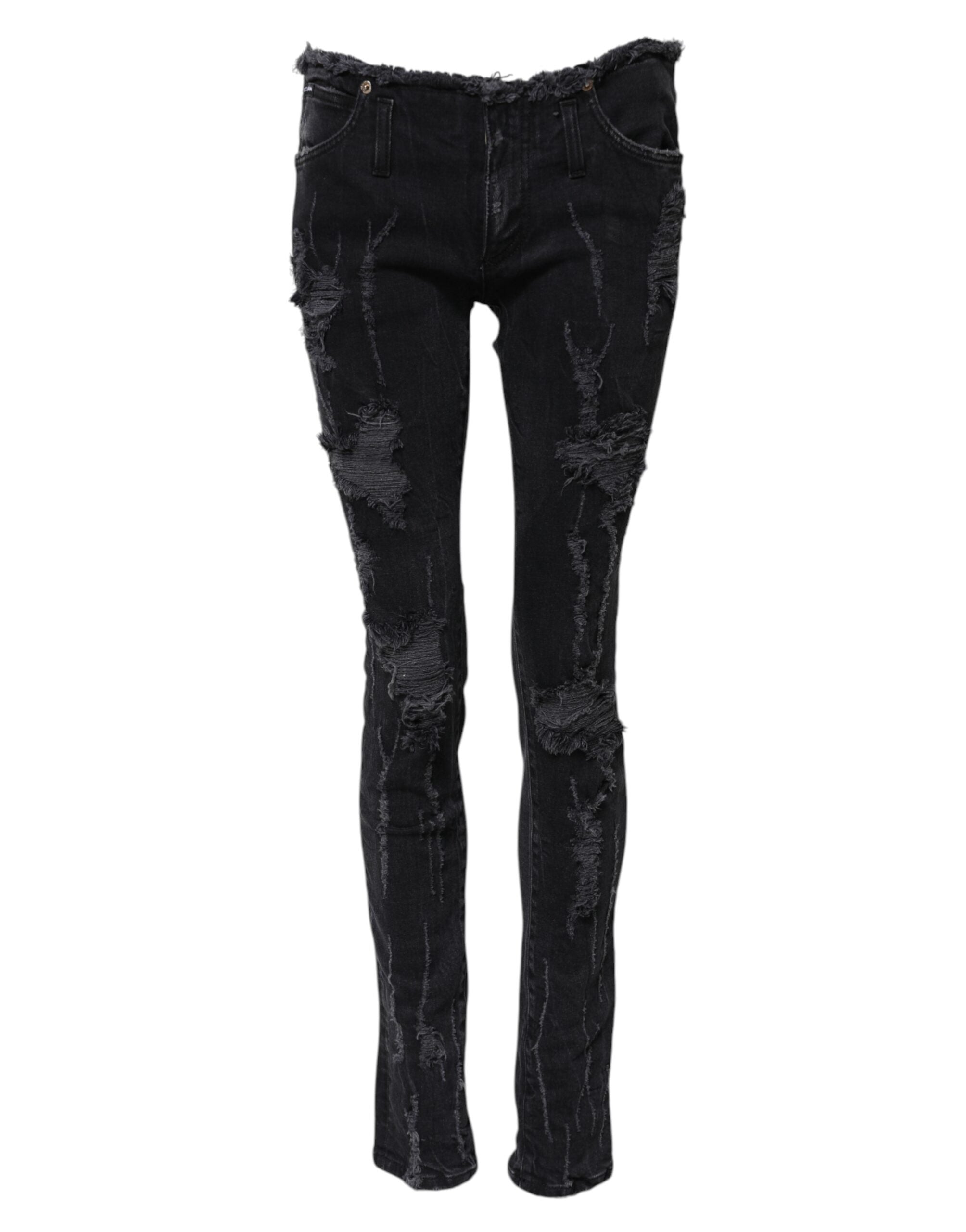 Svarta, slitna, smala denimjeans i bomull 