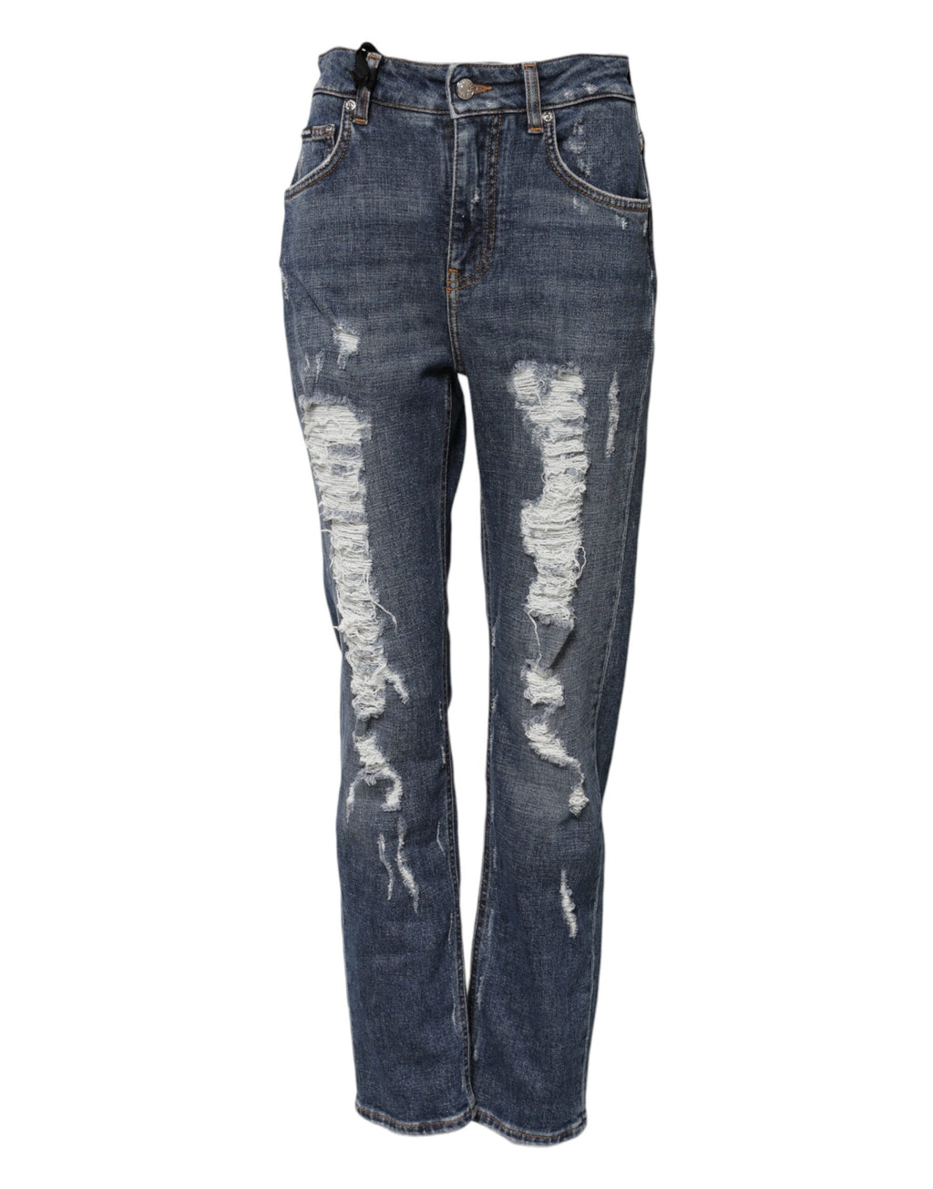Blå bomullsfärgade boyfriend-jeans med slitna detaljer 