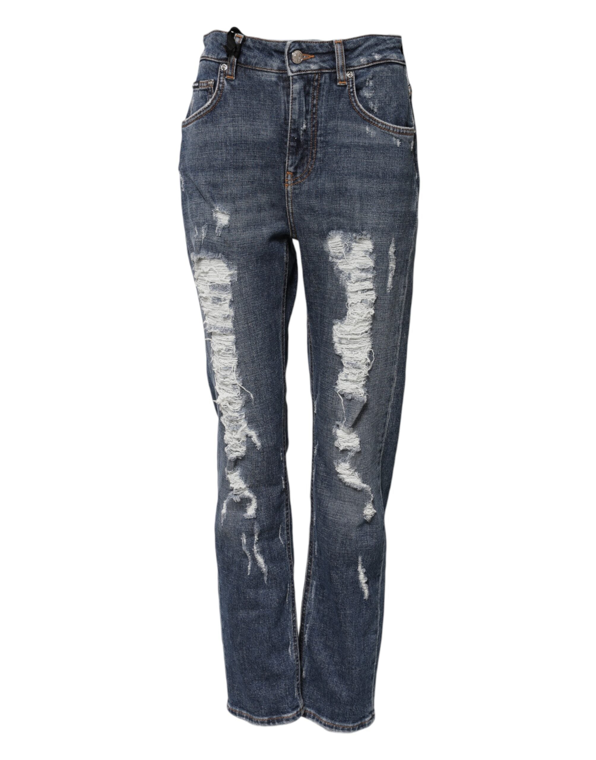 Blå bomullsfärgade boyfriend-jeans med slitna detaljer 
