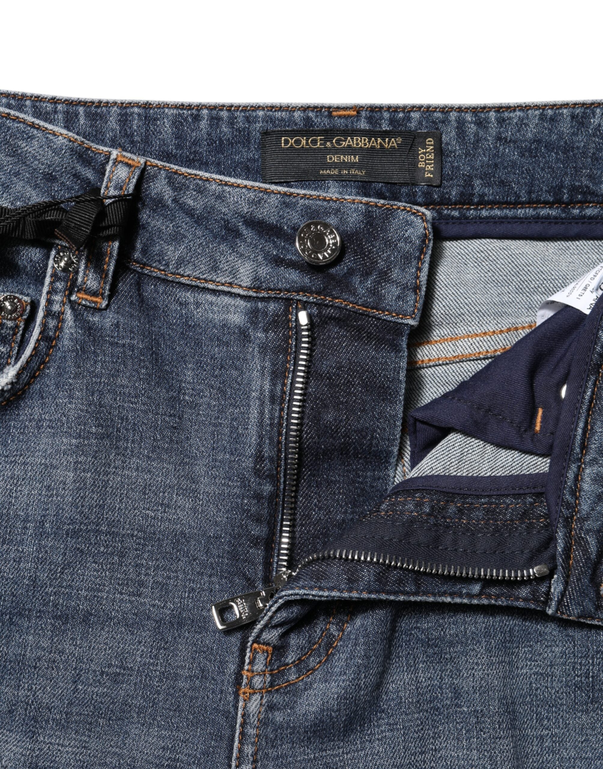 Blå bomullsfärgade boyfriend-jeans med slitna detaljer 