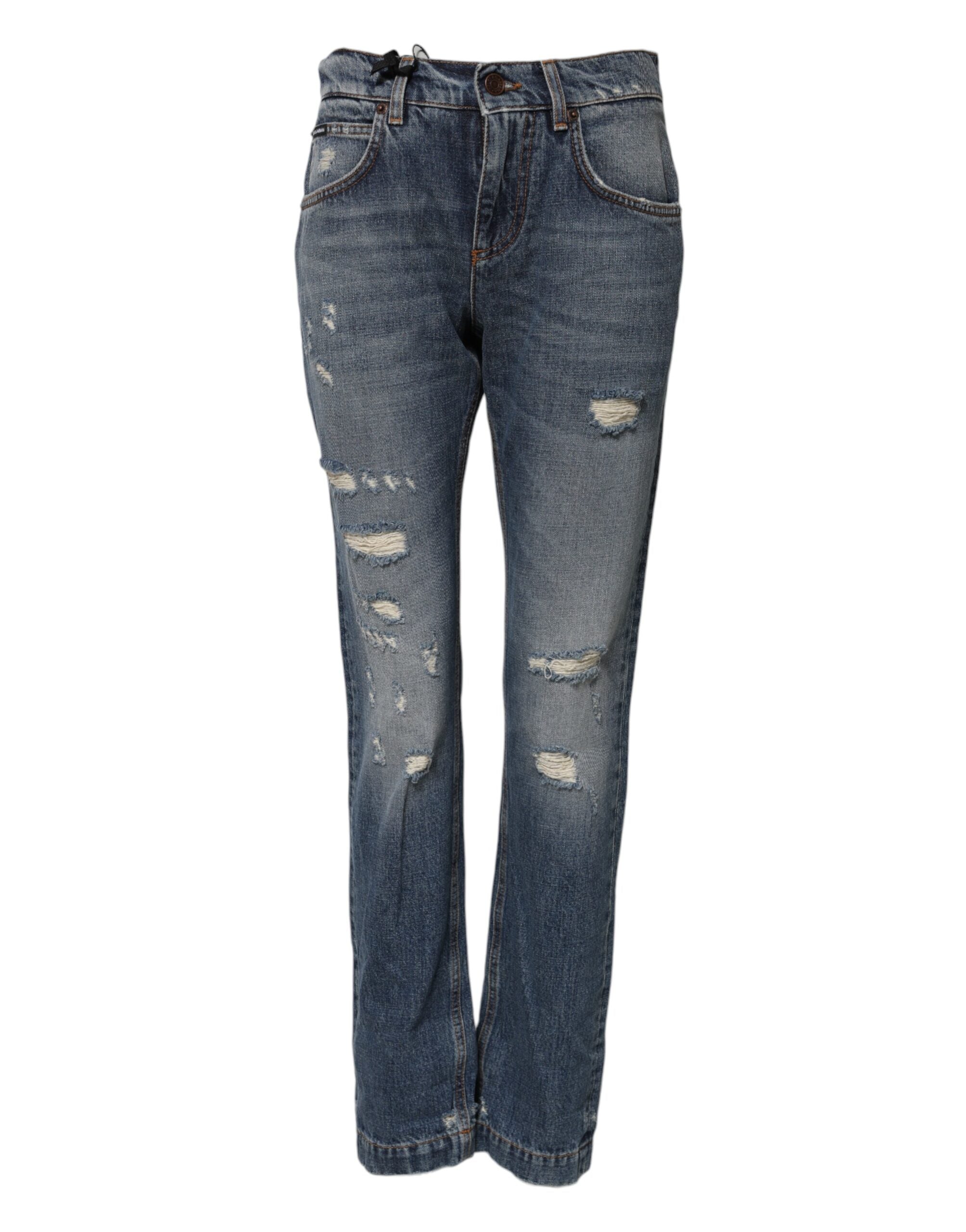 Blå bomullsfärgade boyfriend-jeans med slitna detaljer 