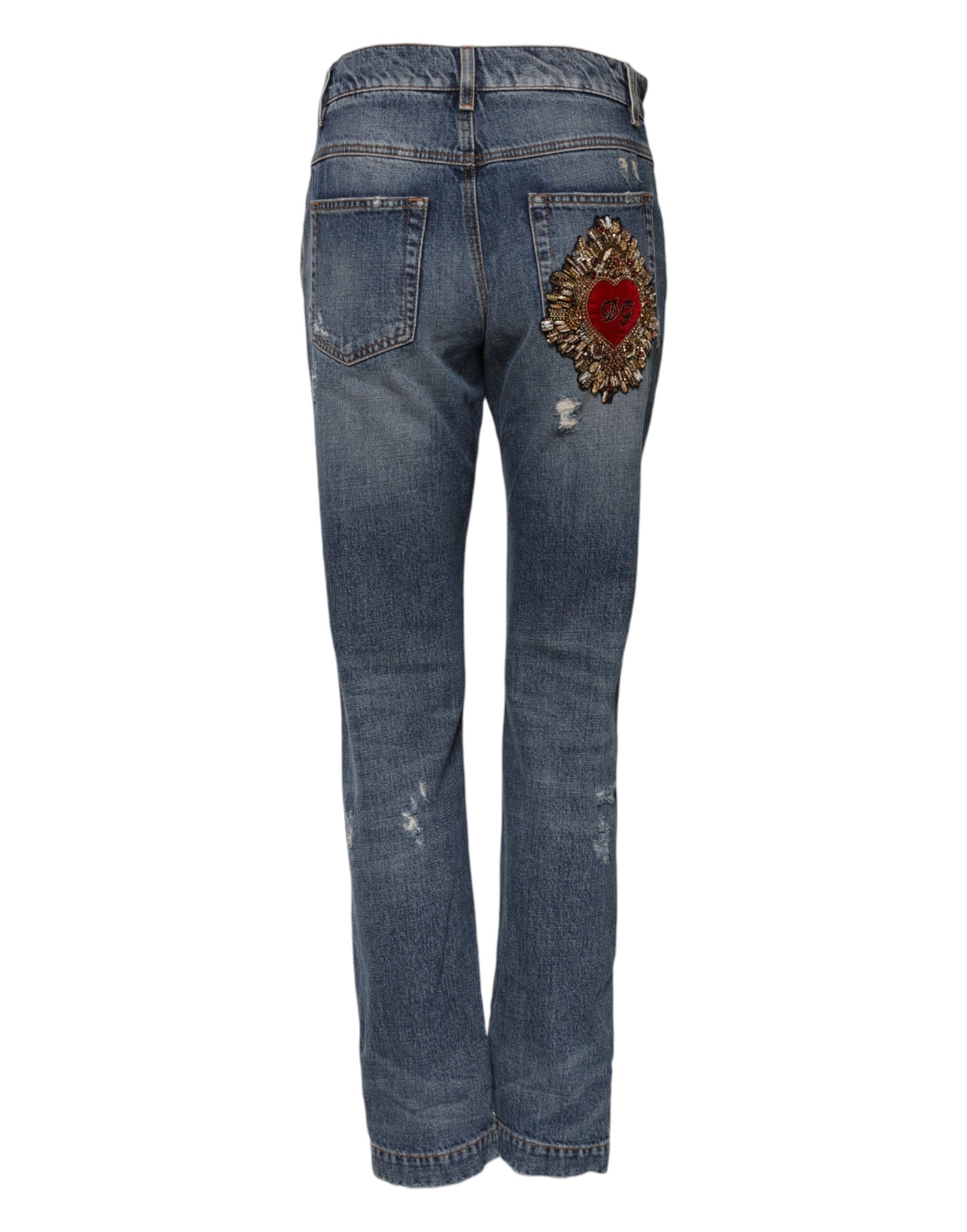 Blå bomullsfärgade boyfriend-jeans med slitna detaljer 
