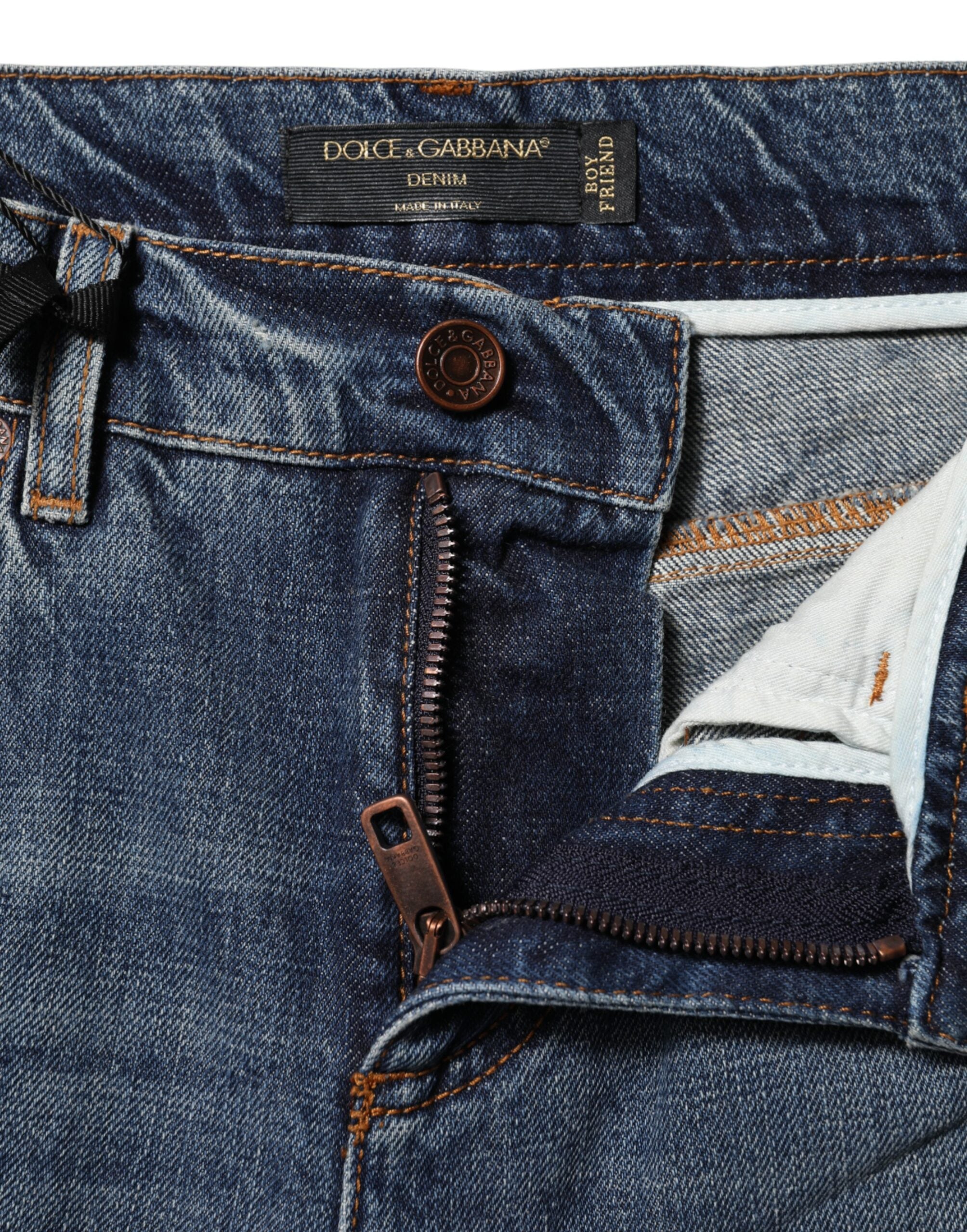 Blå bomullsfärgade boyfriend-jeans med slitna detaljer 