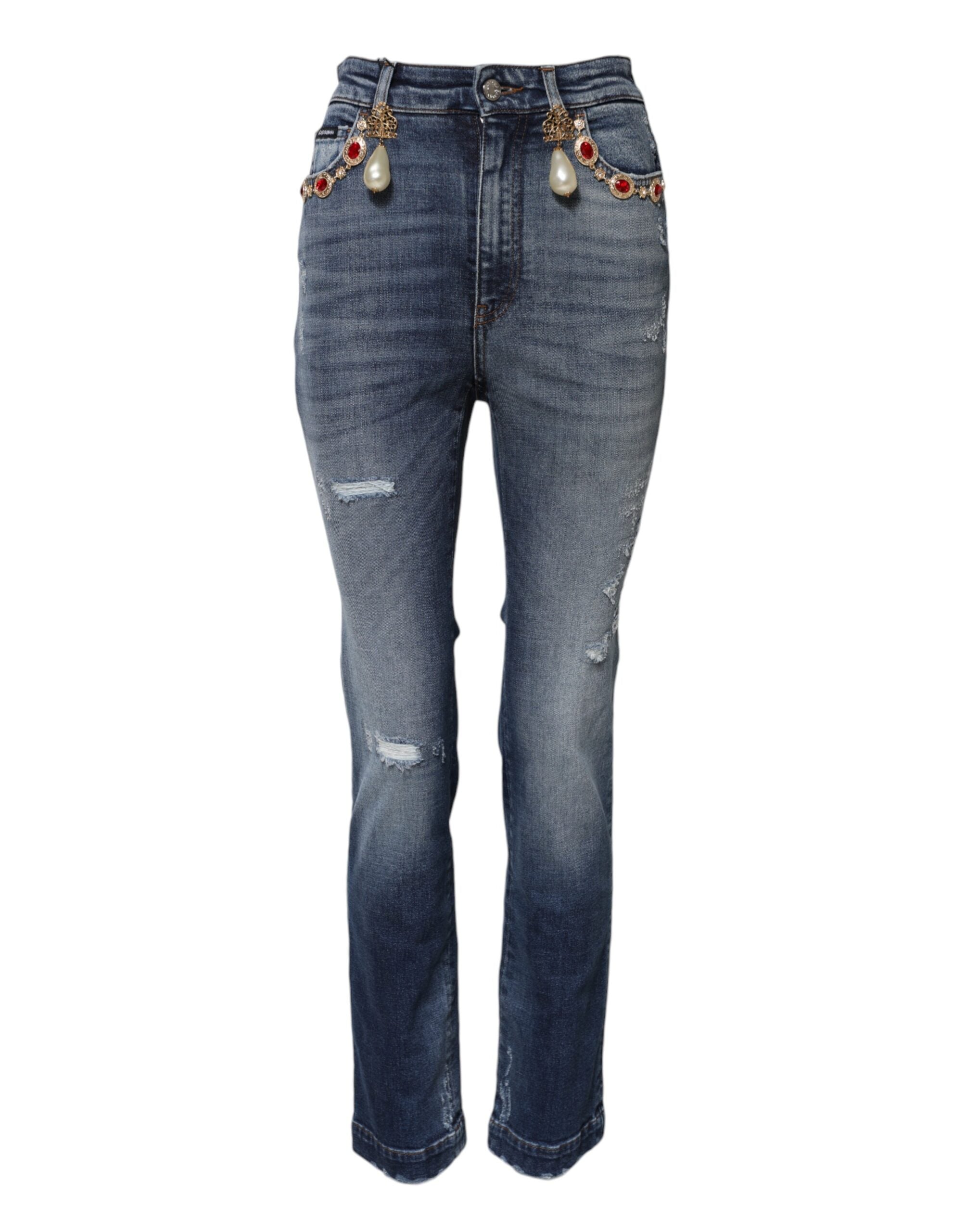 Blå denimjeans med strassutsmykning 