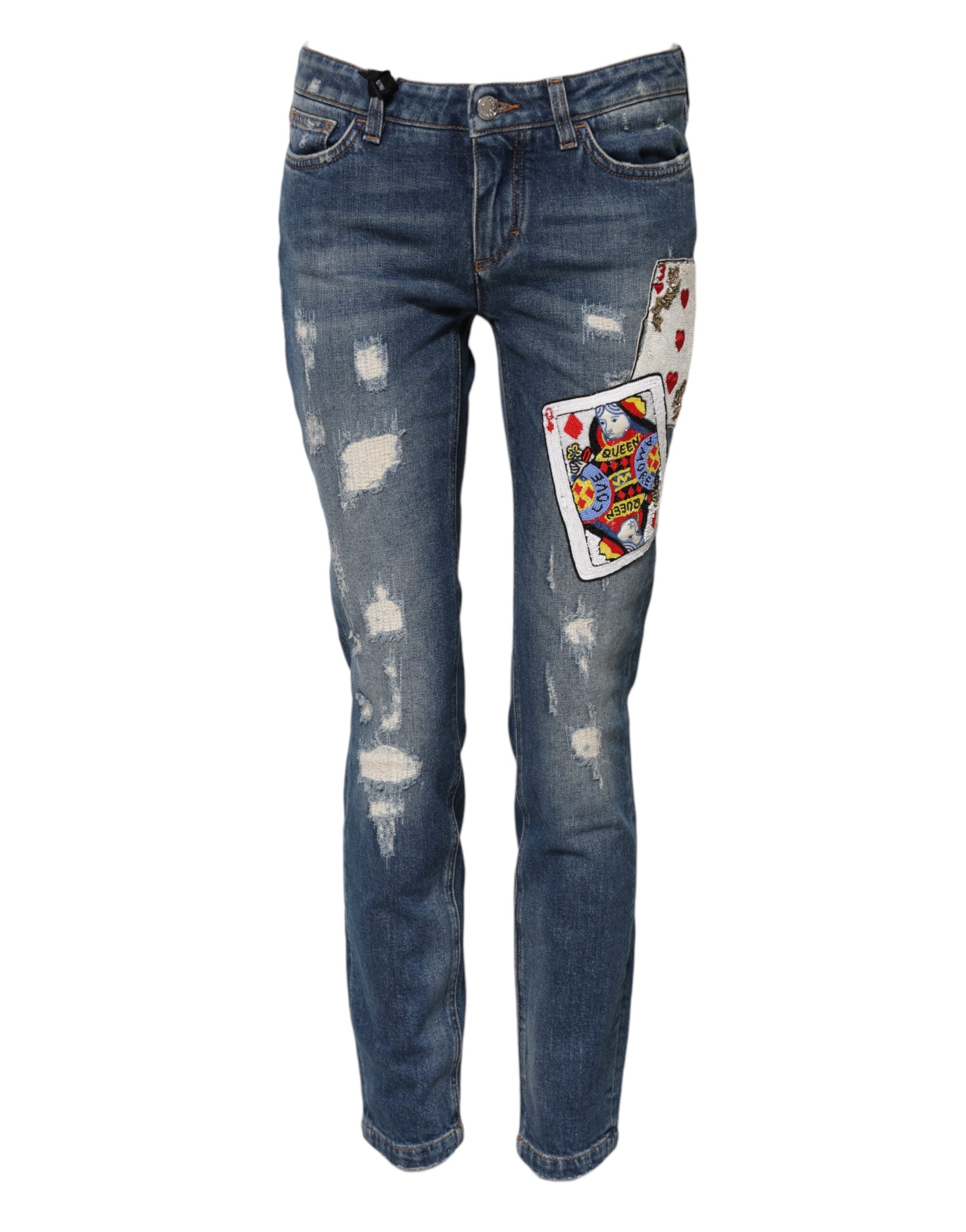 Blå skinny denimjeans med broderi og lekekort 