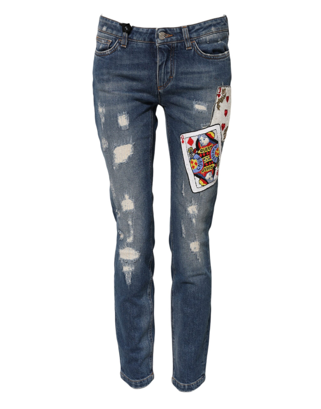 Blå skinny denimjeans med broderi og lekekort 