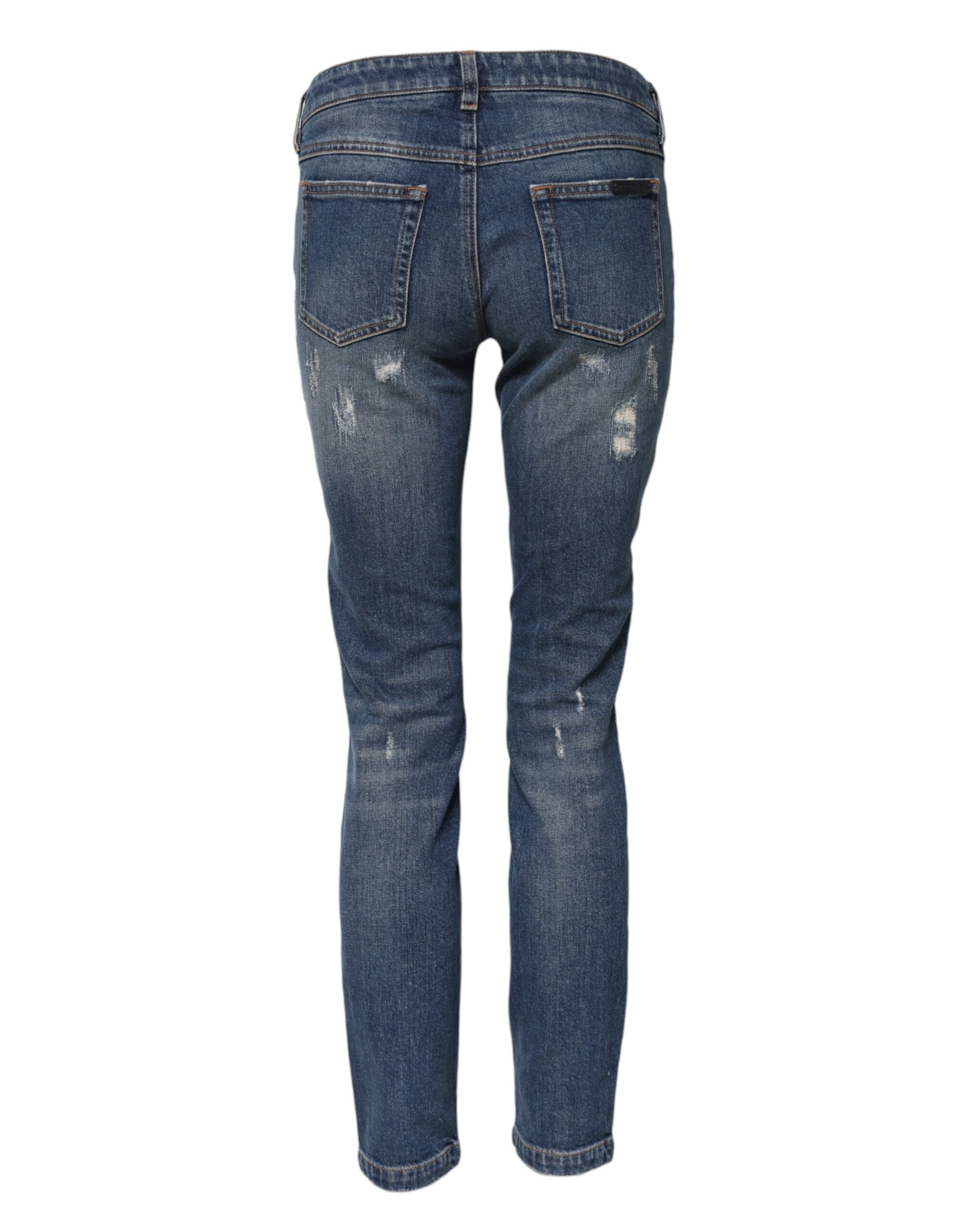 Blå skinny denimjeans med broderi og lekekort 