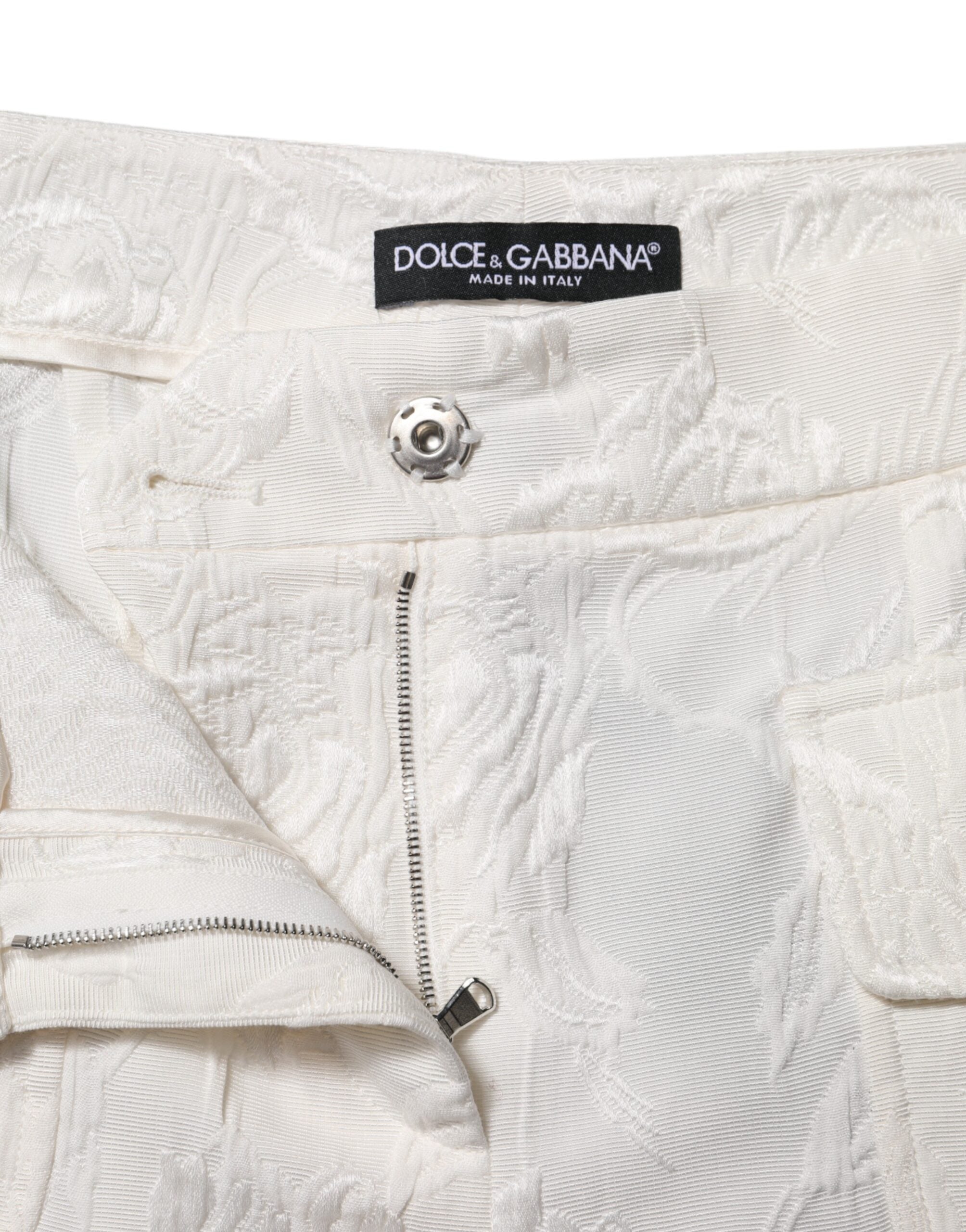 Dolce & Gabbana White Cotton Floral Jacquard Pants