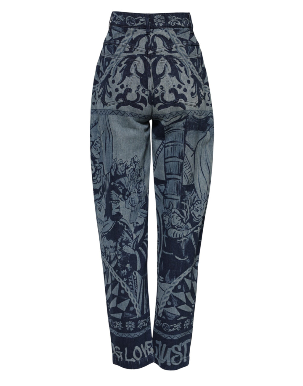 Blå grafisk trykk koniske denimjeans 