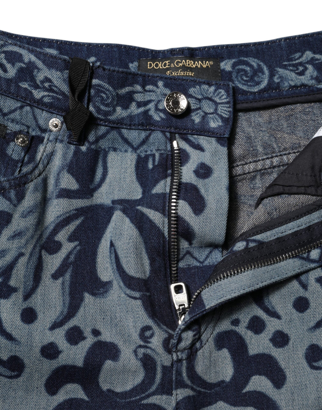 Blå grafisk trykk koniske denimjeans 