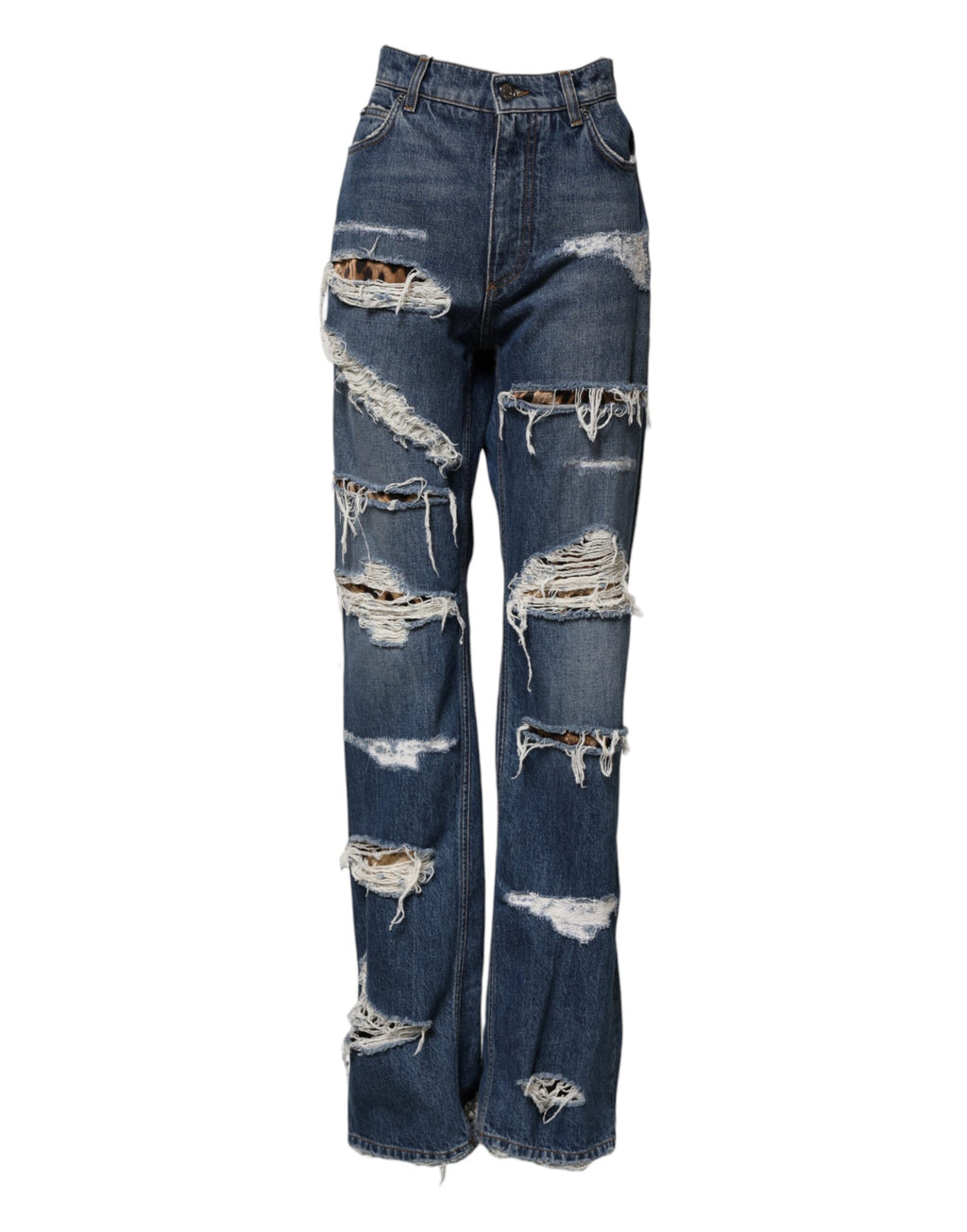 Blå, slitte, rette denimjeans i bomull 