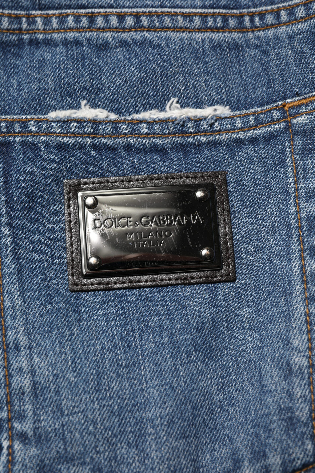 Blå, slitte, rette denimjeans i bomull 