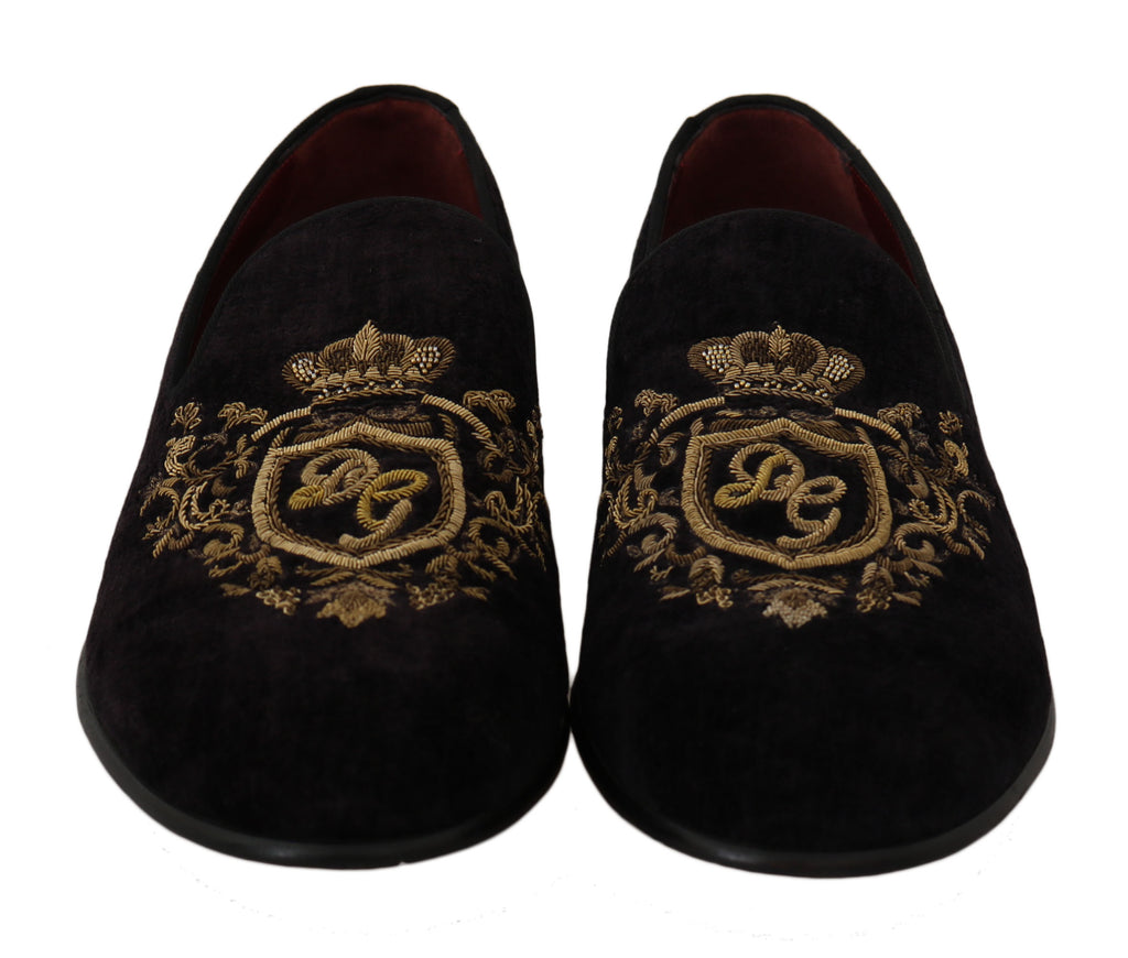 Loafers Svart Sammet Guld Krona