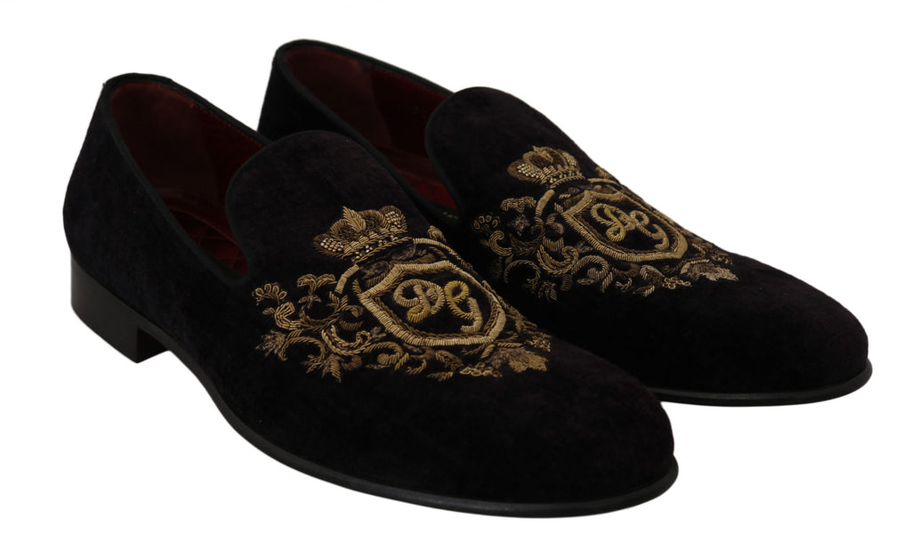Loafers Svart Sammet Guld Krona