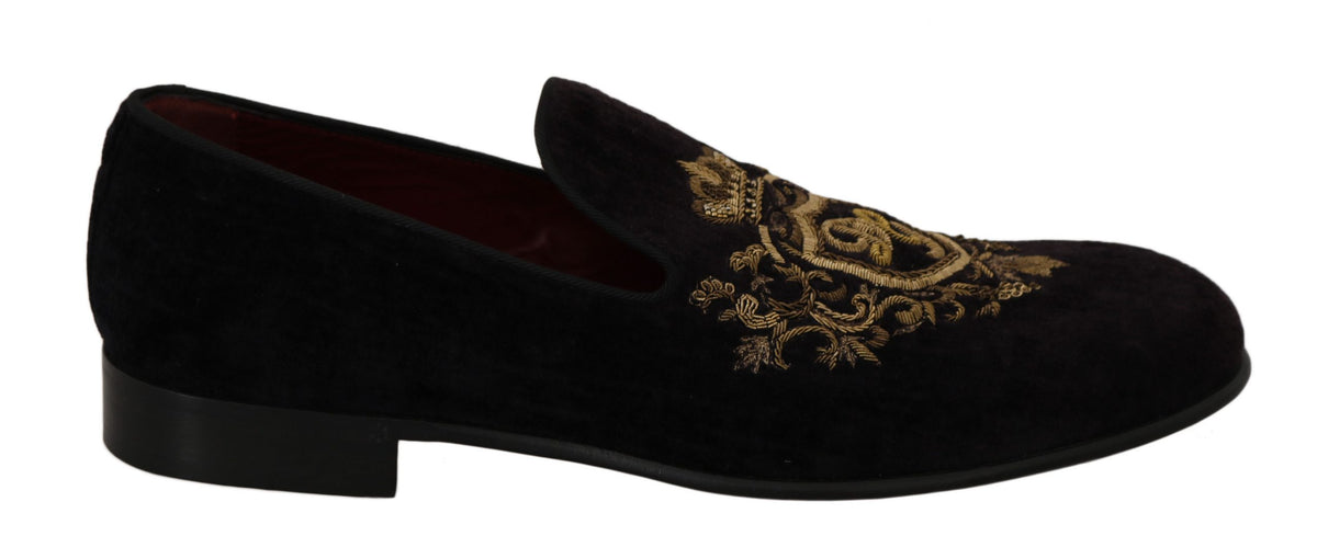 Dolce & Gabbana Loafers Black Velvet Gold Crown
