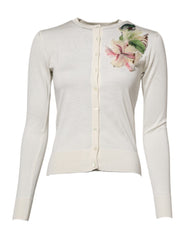 Dolce & Gabbana White Silk Lily Embellished Cardigan Sweater
