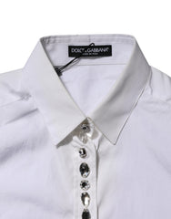 Dolce & Gabbana White Crystal Embellished Collared Shirt Top