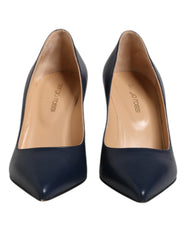 Sergio Rossi Blue Leather Pointed Toe Block Heels Shoes
