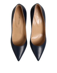 Sergio Rossi Blue Leather Pointed Toe Block Heels Shoes