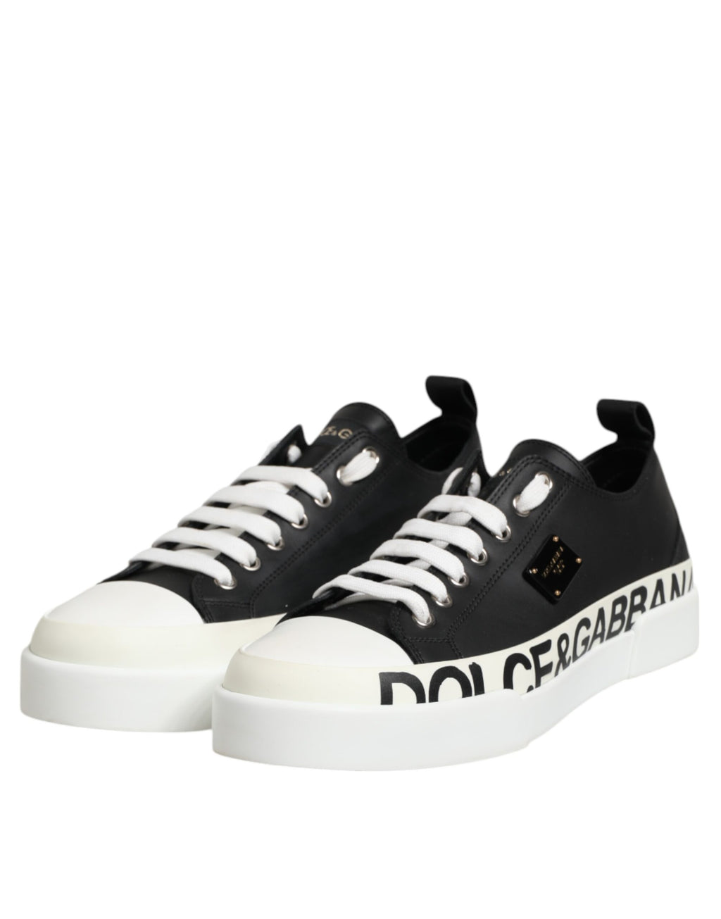 Svarte Hvite Lave Sneakers i Skinn