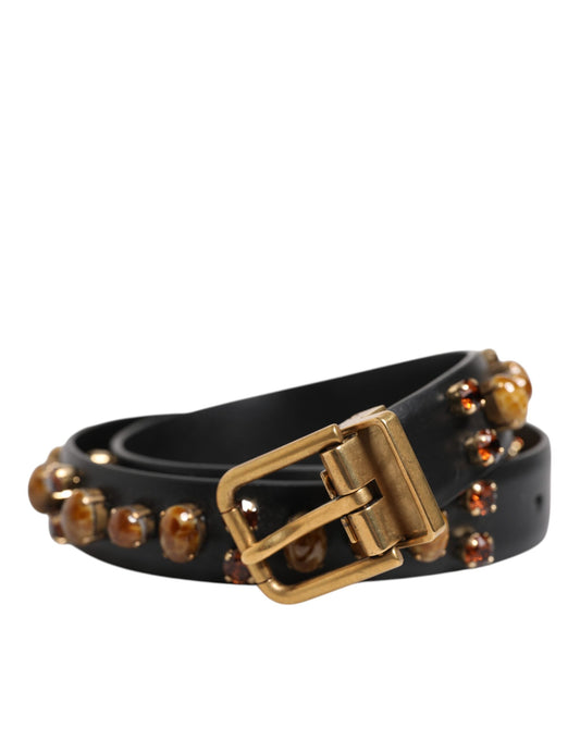 Dolce &amp; Gabbana Svart Läderbälte med Nitar och Guldfärgat Spänne