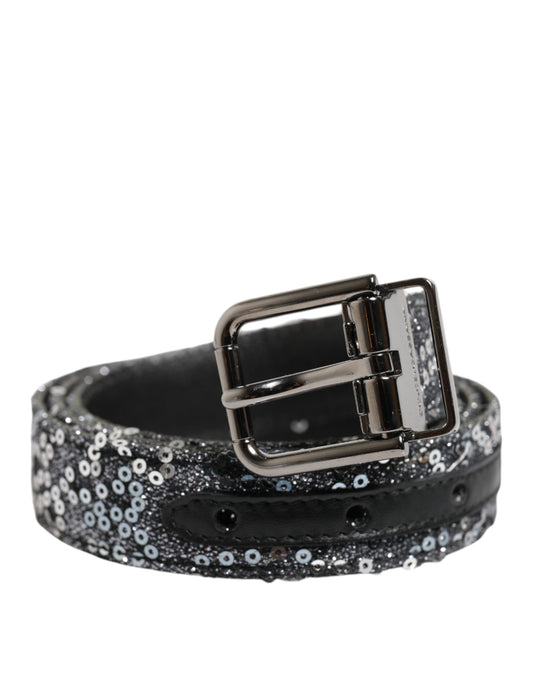 Dolce &amp; Gabbana Svart Paljetter Silver Metallbälte med Logotypspänne