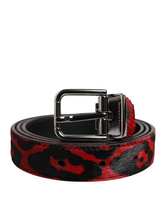 Dolce &amp; Gabbana Svartrött Leopardbälte med Silverfärgad Metallspänne