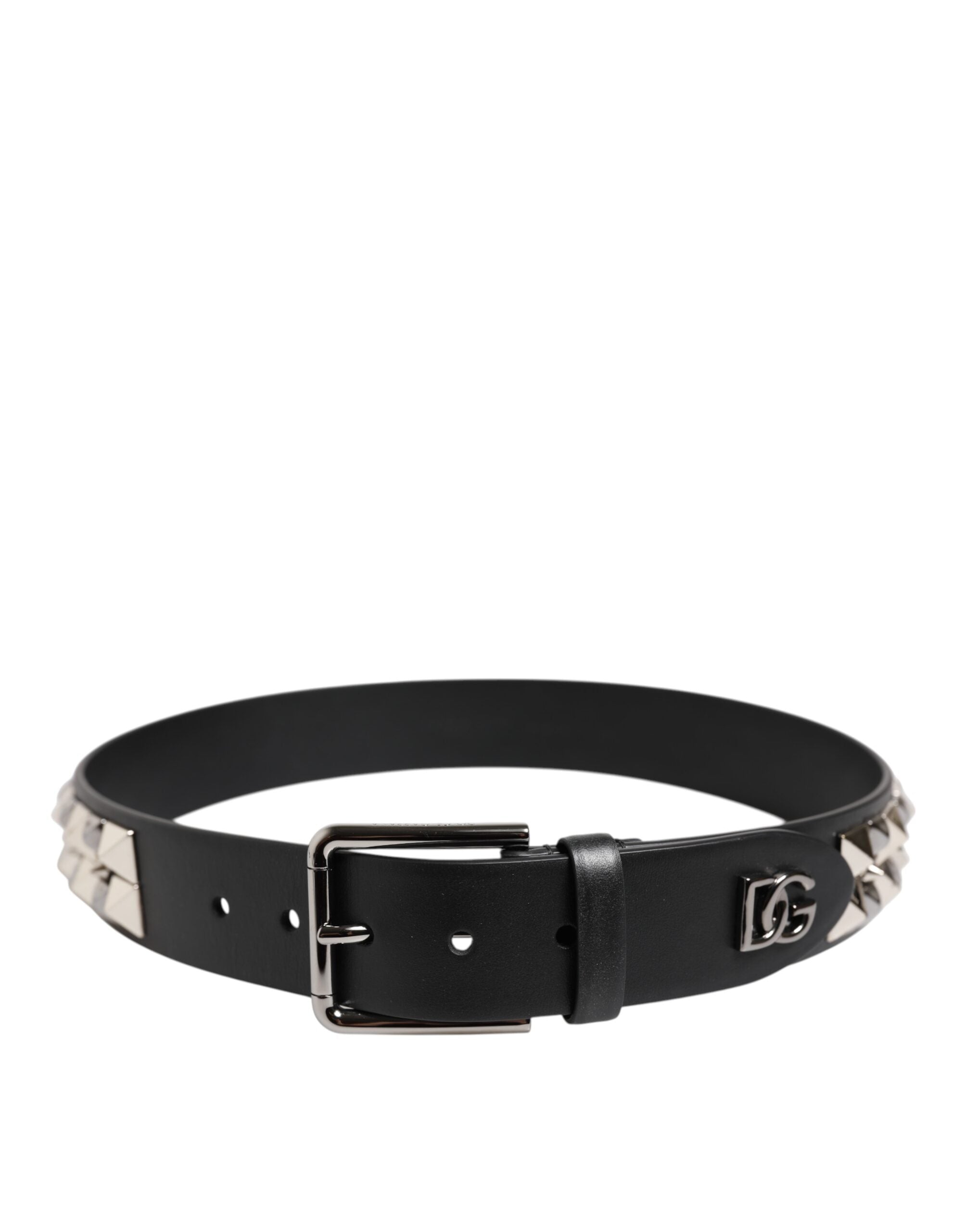 Dolce & Gabbana Black Leather Studded DG Metal Buckle Belt