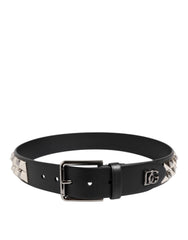 Dolce & Gabbana Black Leather Studded DG Metal Buckle Belt