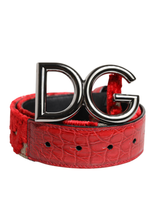 Dolce &amp; Gabbana Röd Viskos Silver DG Logotyp Metallspännebälte