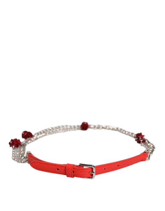 Dolce &amp; Gabbana Rött Läder Silverkedja Blommigt Cintura Bälte
