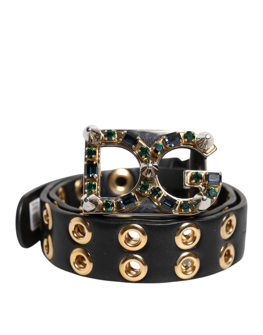 Dolce &amp; Gabbana Svart Läderbälte med Kristallspänne och Ögle