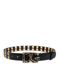 Dolce & Gabbana Black Leather Eyelet Crystal DG Buckle Belt