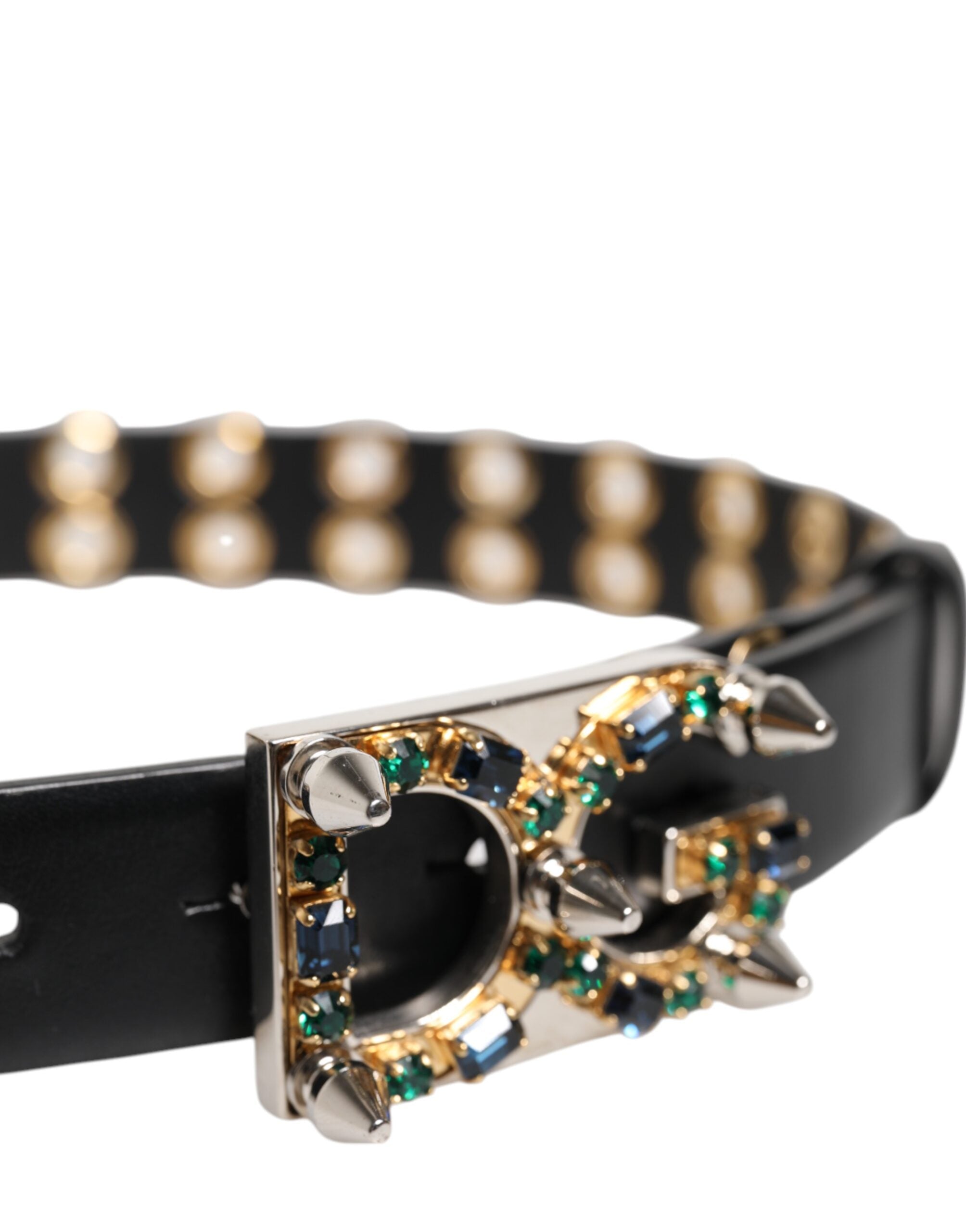 Dolce & Gabbana Black Leather Eyelet Crystal DG Buckle Belt