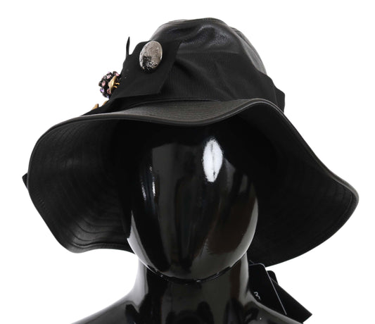 Dolce &amp; Gabbana Svart Läder DG Myntkristall Hatt Med Bred Brätte