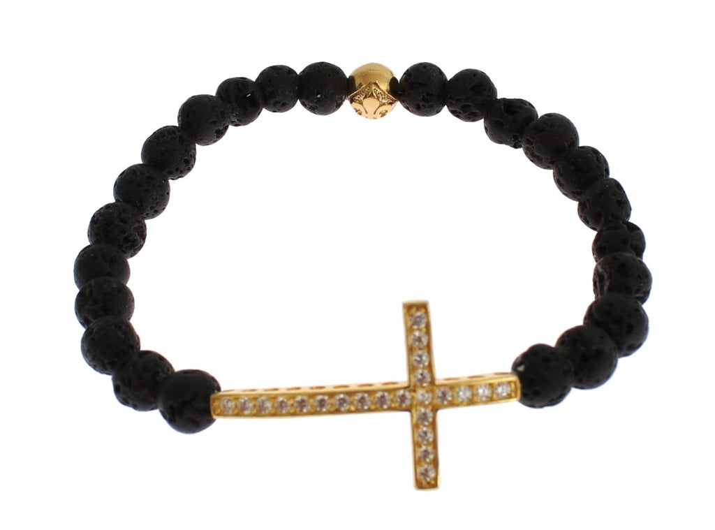 Armband med lavasten, guldfärgat, klart CZ-kors i 925 silver