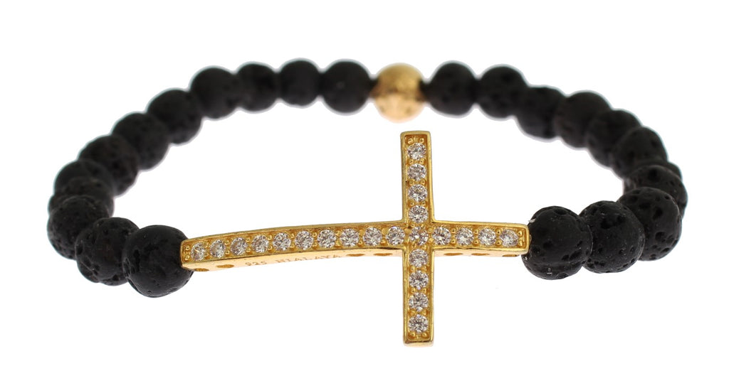 Armband med lavasten, guldfärgat, klart CZ-kors i 925 silver