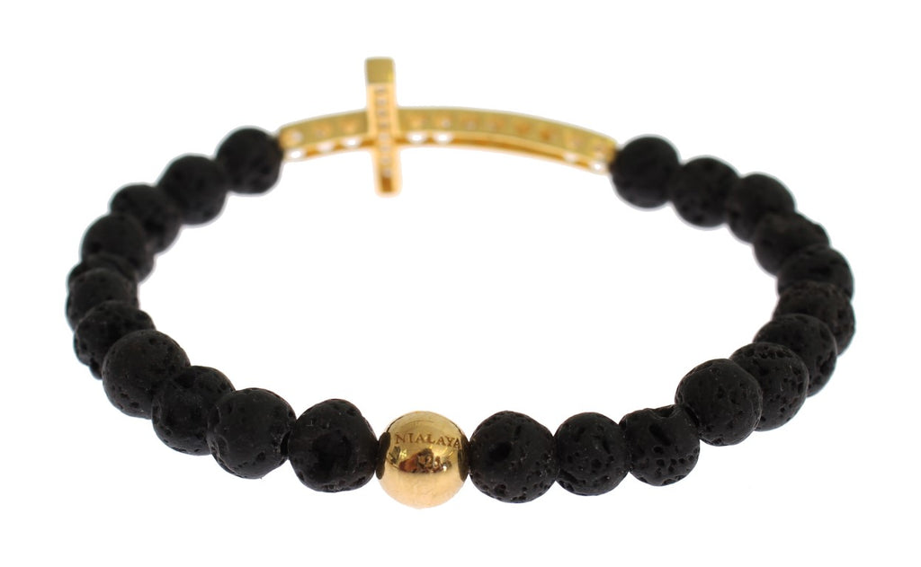 Armband med lavasten, guldfärgat, klart CZ-kors i 925 silver