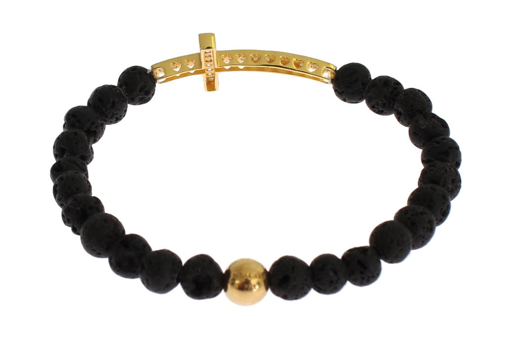 Armband med lavasten, guldfärgat, klart CZ-kors i 925 silver