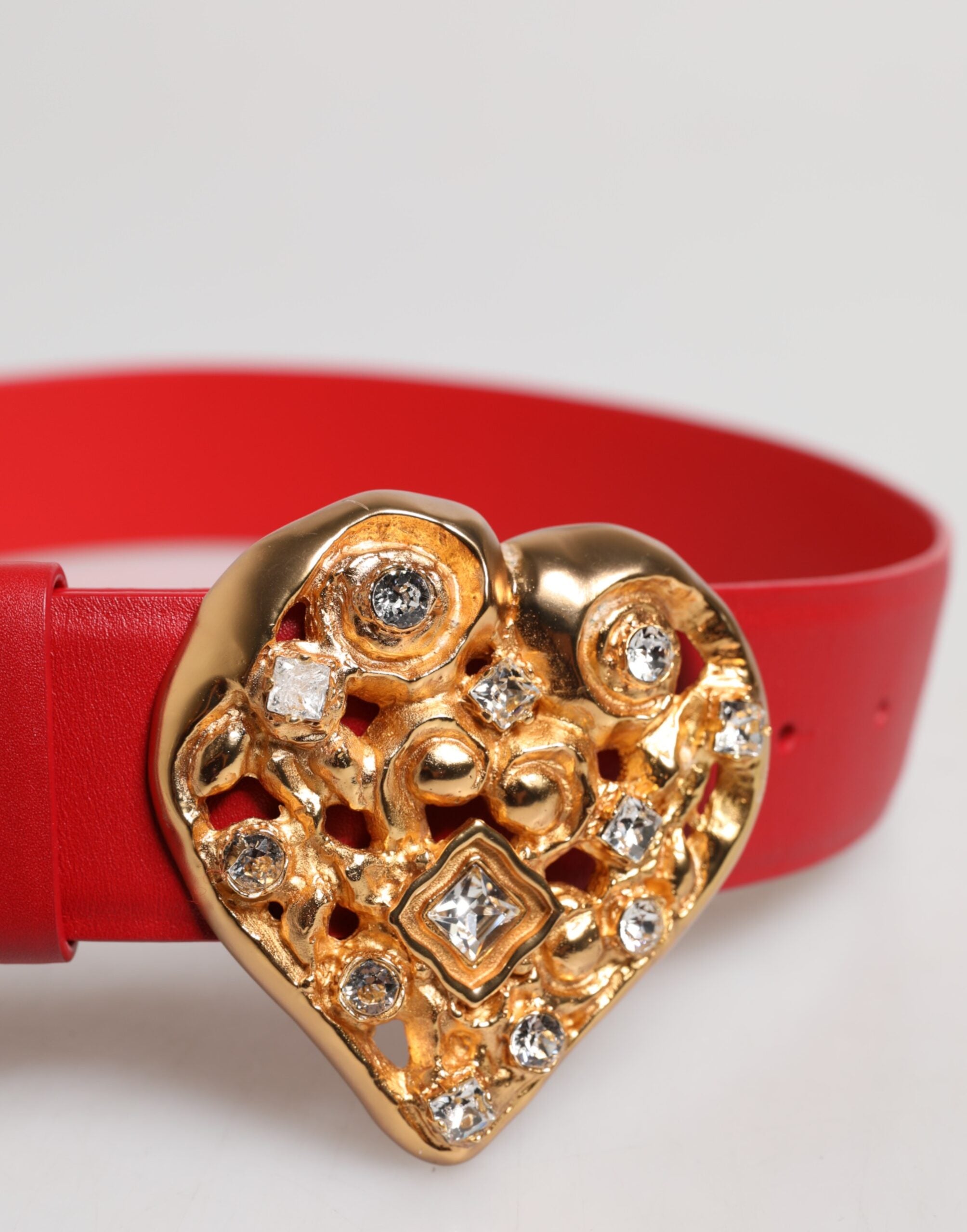 Dolce & Gabbana Red Calf Leather Embellished Metal Buckle Belt