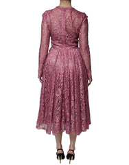 Dolce & Gabbana Pink Floral Lace Long Sleeve Midi Dress
