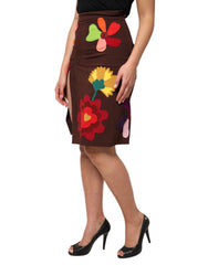 Dolce & Gabbana Brown Floral High Waist Side Slit Skirt