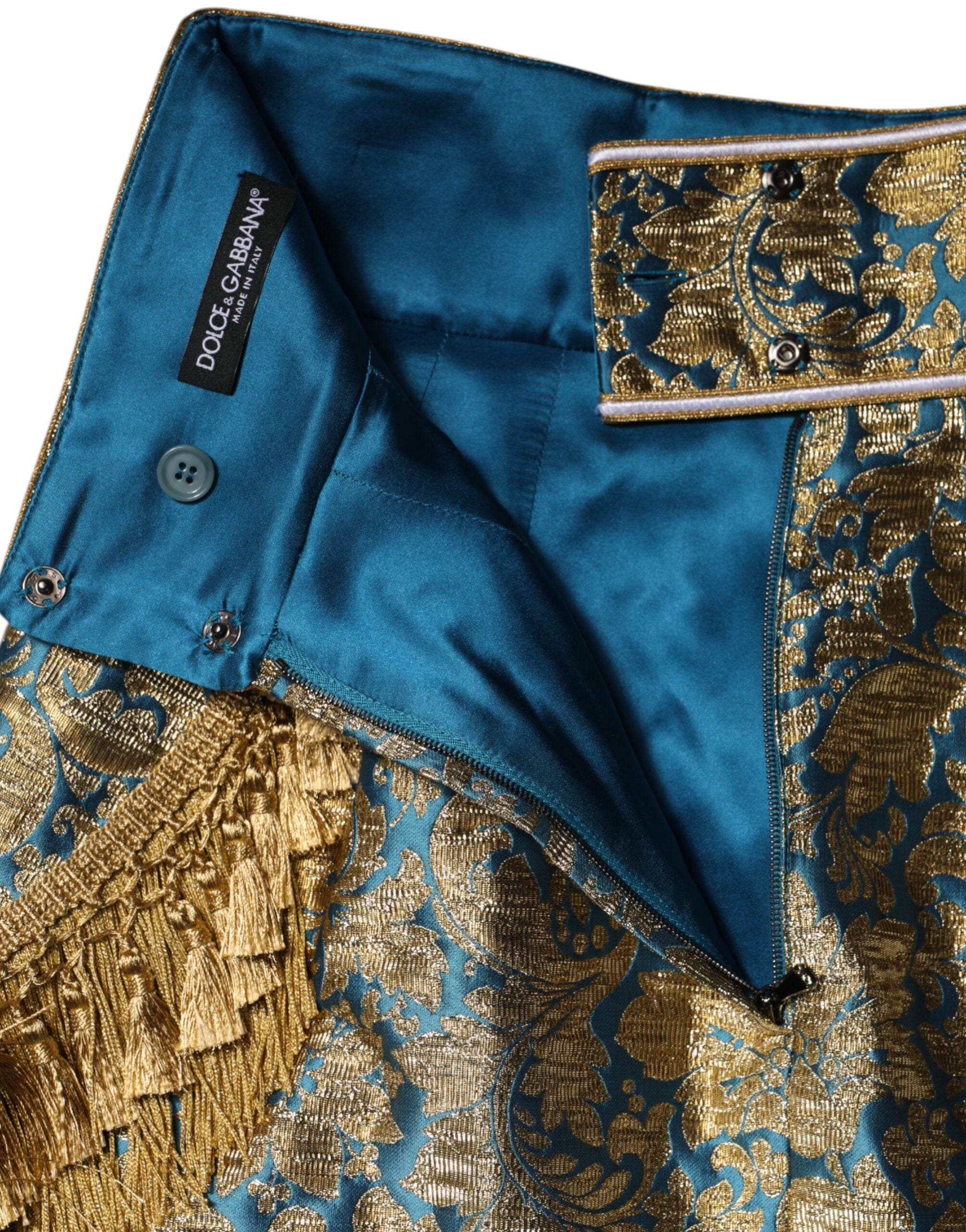 Blå blommig jacquard minikjol med tofsar