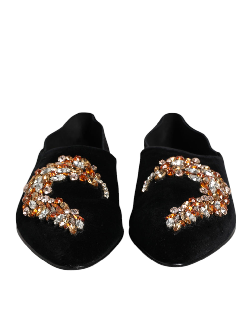 Svarta sammetsutsmyckade loafers med slip-on-motiv