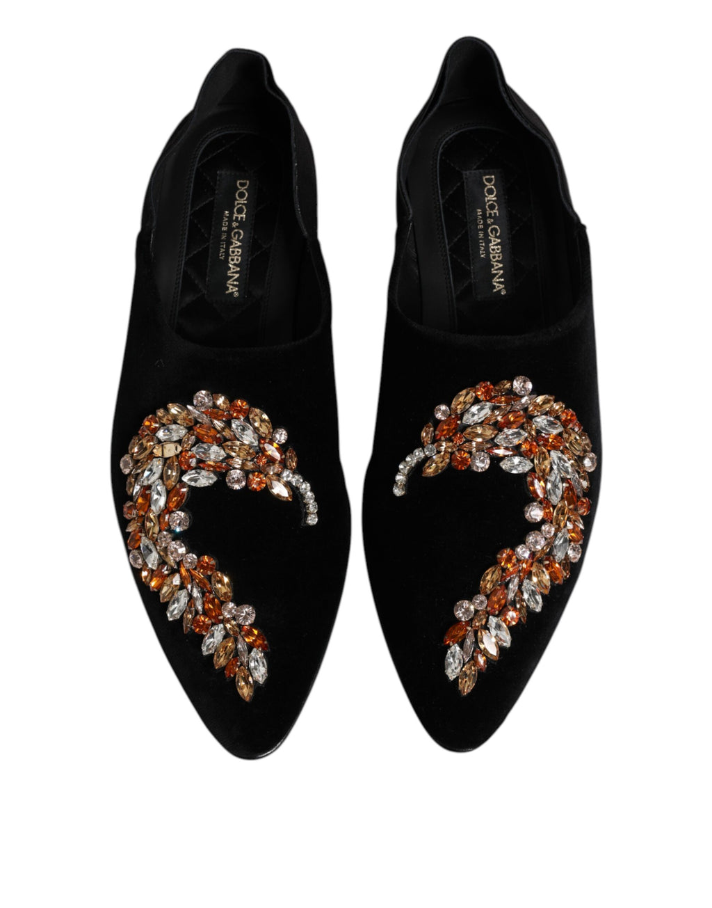 Svarta sammetsutsmyckade loafers med slip-on-motiv