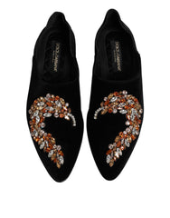 Dolce & Gabbana Black Velvet Embellished Loafer Slip On Shoes