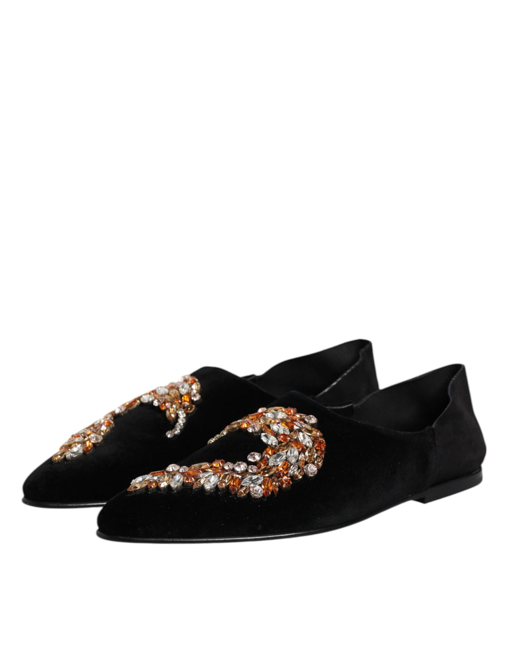 Svarta sammetsutsmyckade loafers med slip-on-motiv