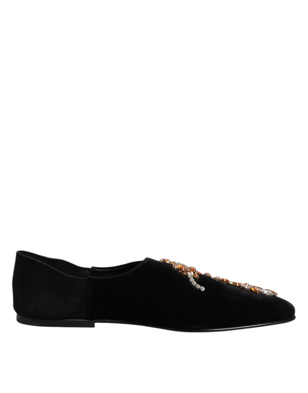 Svarta sammetsutsmyckade loafers med slip-on-motiv