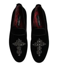 Dolce & Gabbana Black Velvet Embellished Loafer Slip On Shoes