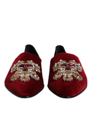 Dolce & Gabbana Black Red Velvet Embellished Slip On Shoes